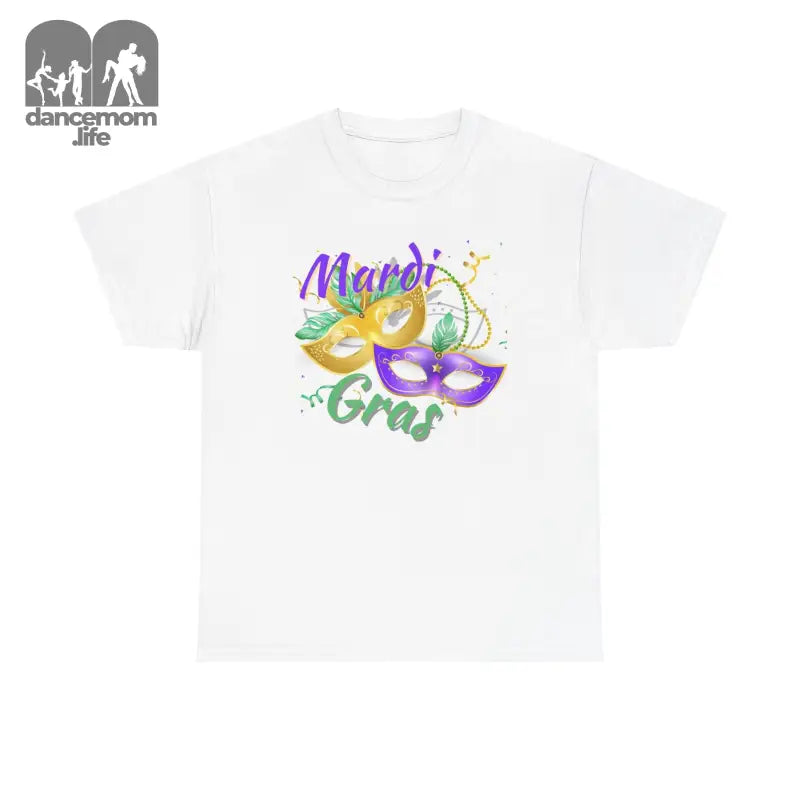 White t-shirt with colorful Mardi Gras mask design and text.