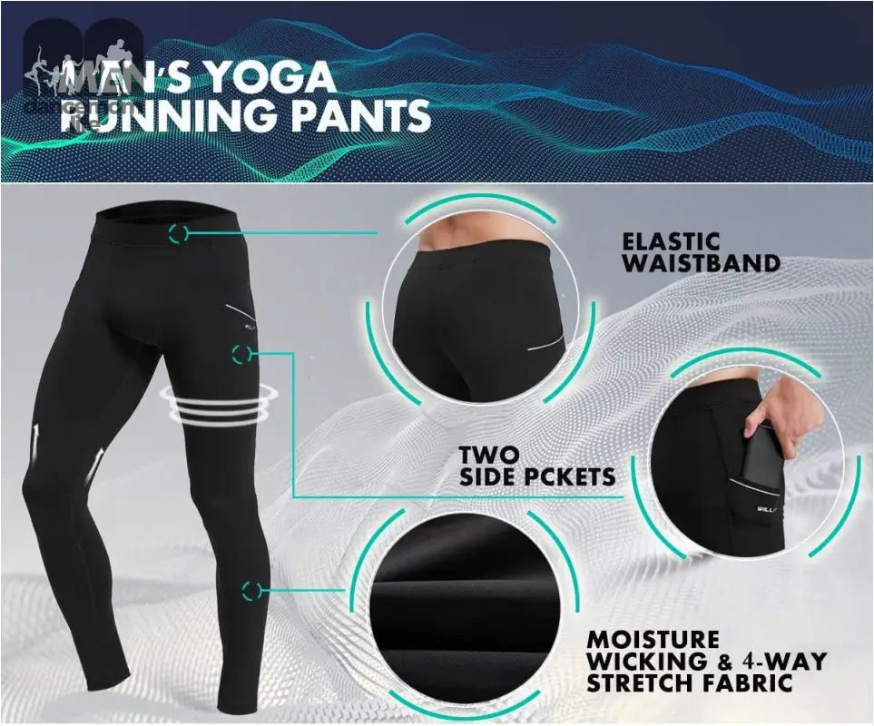 Men'S Active Yoga Leggings Pants Running Dance Tights with Pockets Cycling Workout Pants Quick Dry