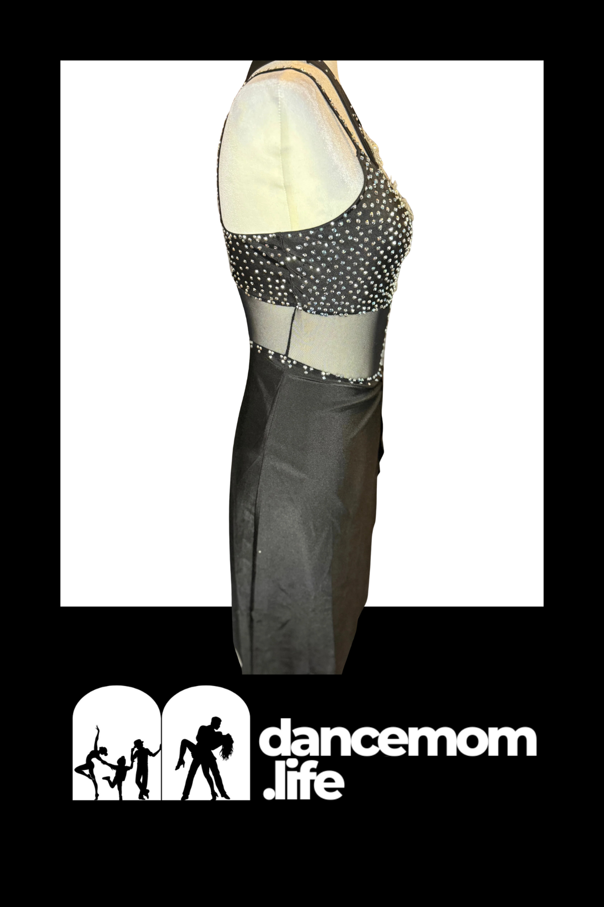 Black sequined dance leotard with sheer mesh panels and a fitted silhouette.