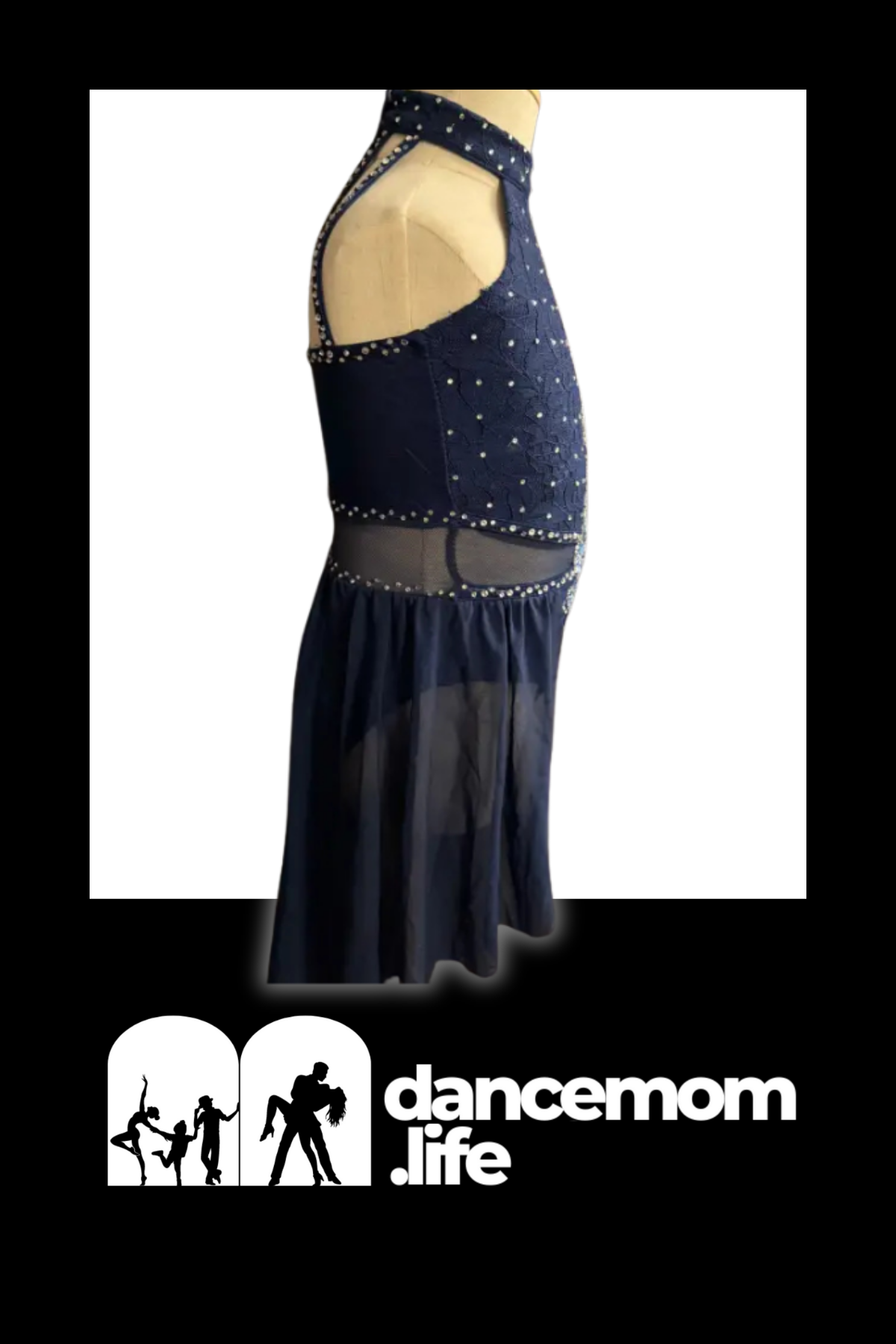 Navy blue dance dress with sparkling embellishments and sheer mesh accents