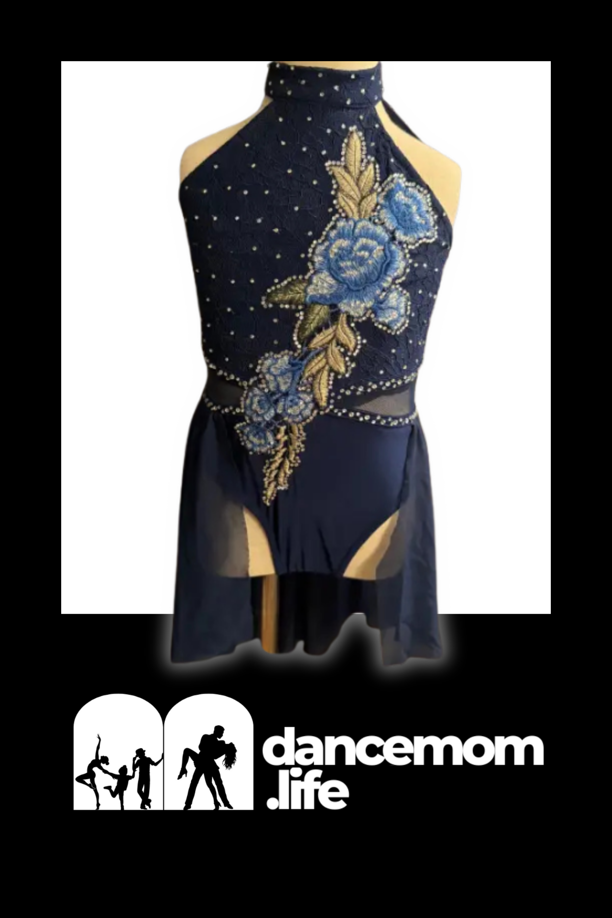 Navy blue dance leotard with intricate beaded floral embroidery and sheer mesh panels
