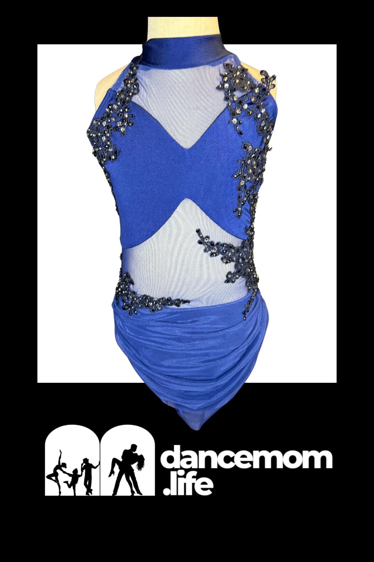 Blue dance leotard with black beaded embellishments and a sheer mesh panel.