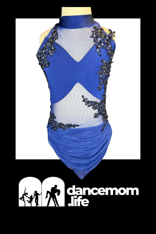 Blue dance leotard with black beaded embellishments and a sheer mesh panel.