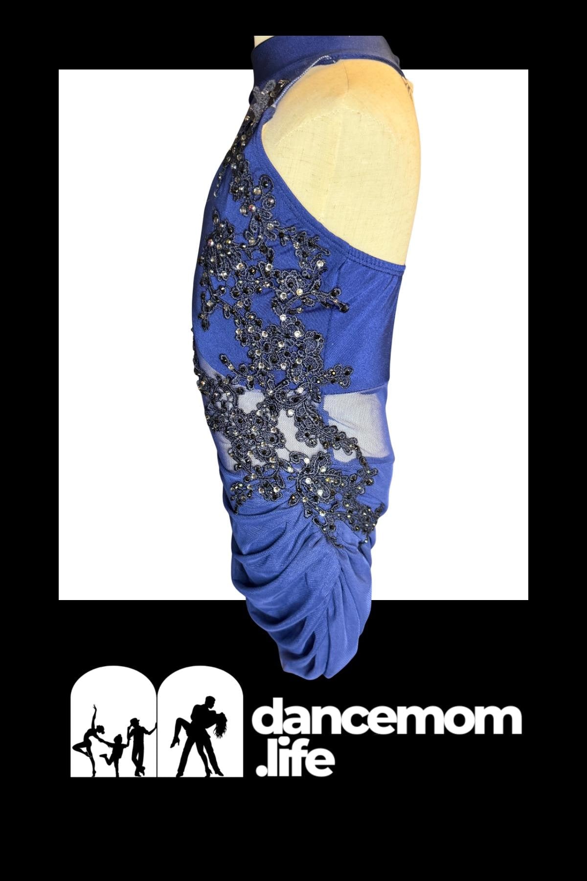 Blue dance leotard with intricate black beaded floral embroidery and sheer mesh panels.
