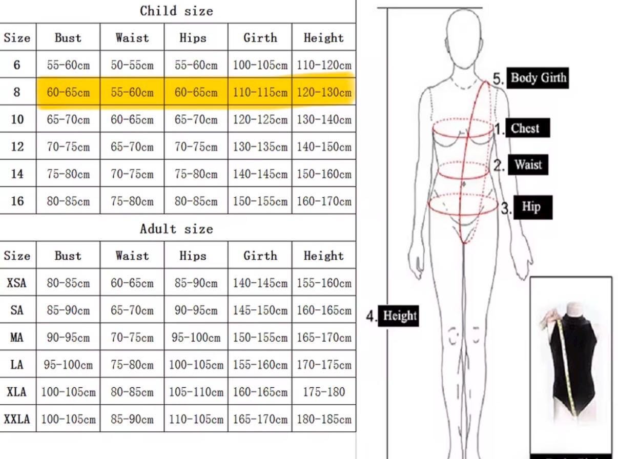 The image displays a detailed sizing chart for children and adults, featuring measurements such as bust, waist, hips, girth, and height alongside corresponding size labels.