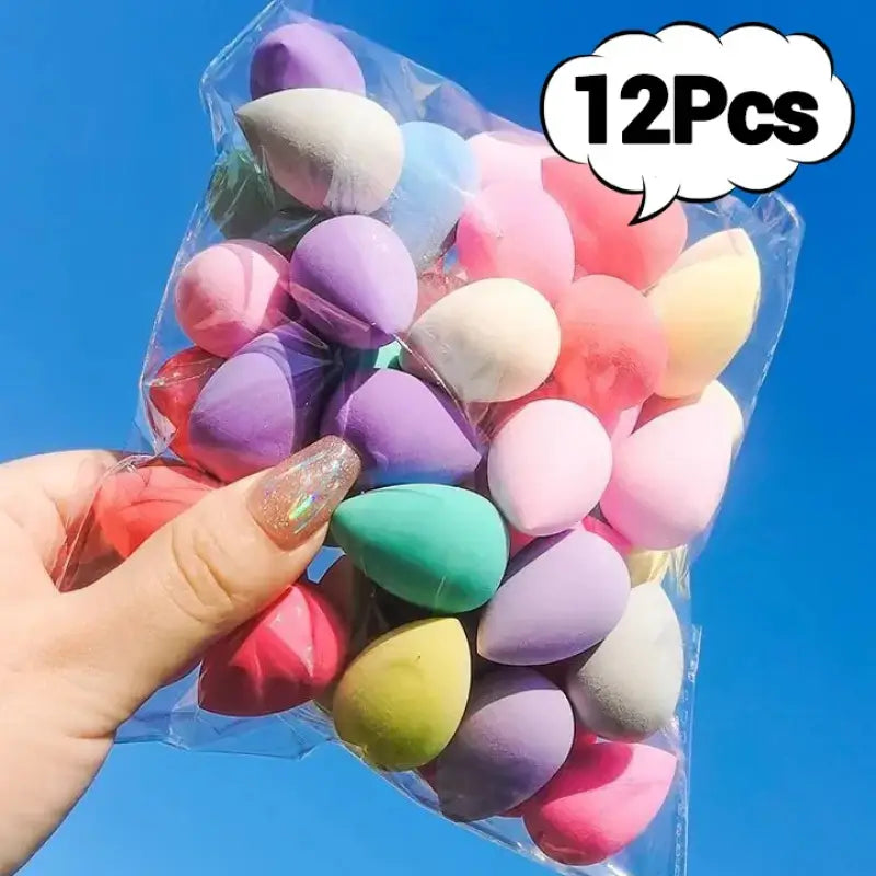 Colorful makeup sponges in a plastic bag.