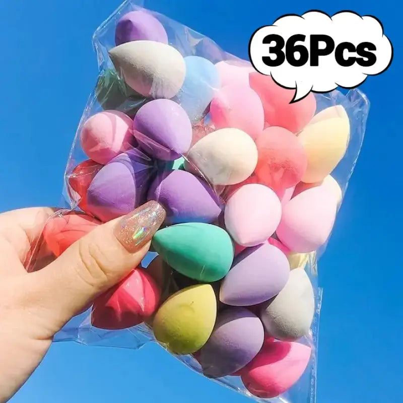 Colorful makeup sponges in a plastic bag.