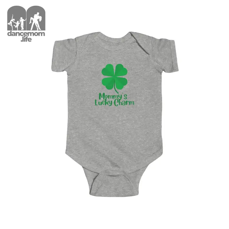 Gray baby onesie with a green four-leaf clover and ’Mommy’s Lucky Charm’ text design.