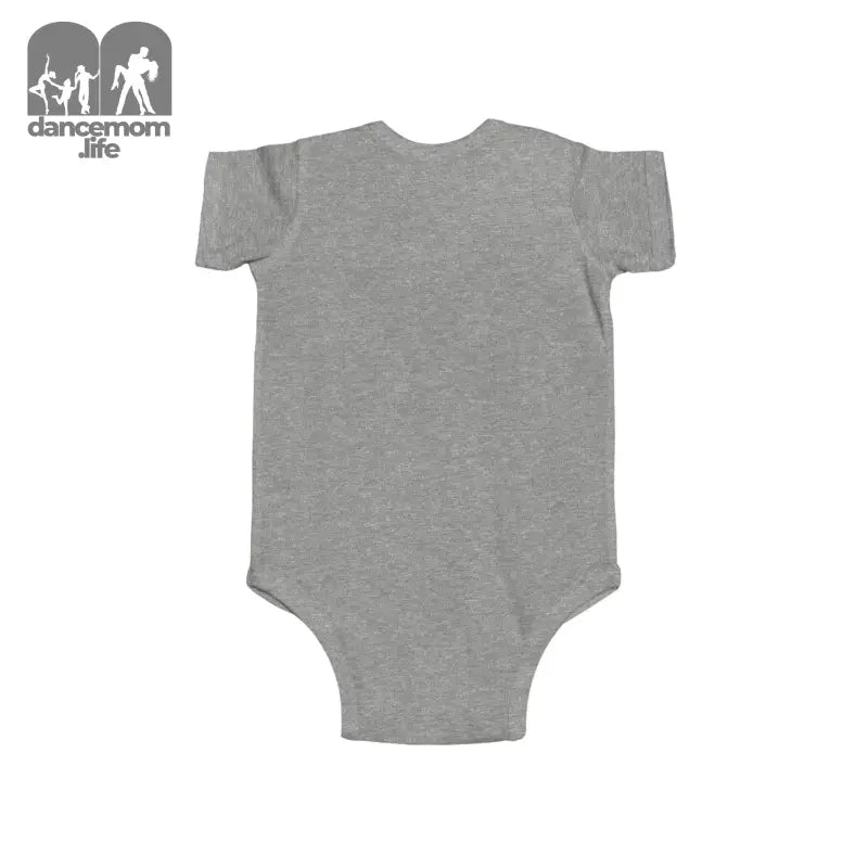 Gray baby onesie with short sleeves.