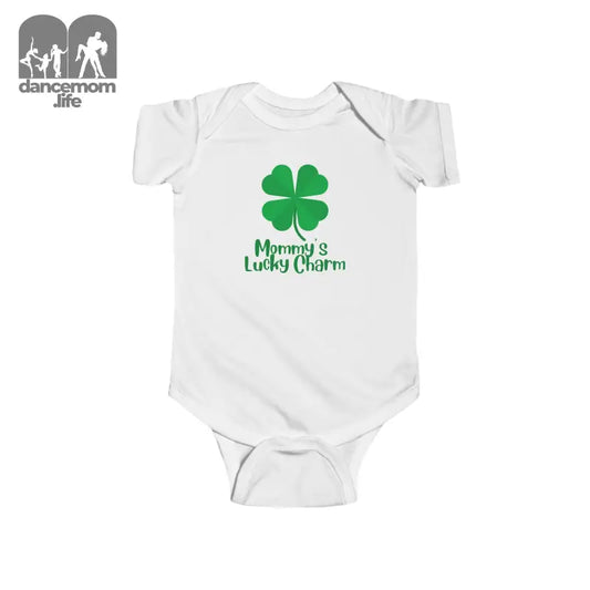 White baby onesie with a green four-leaf clover and ’Mommy’s Lucky Charm’ text.