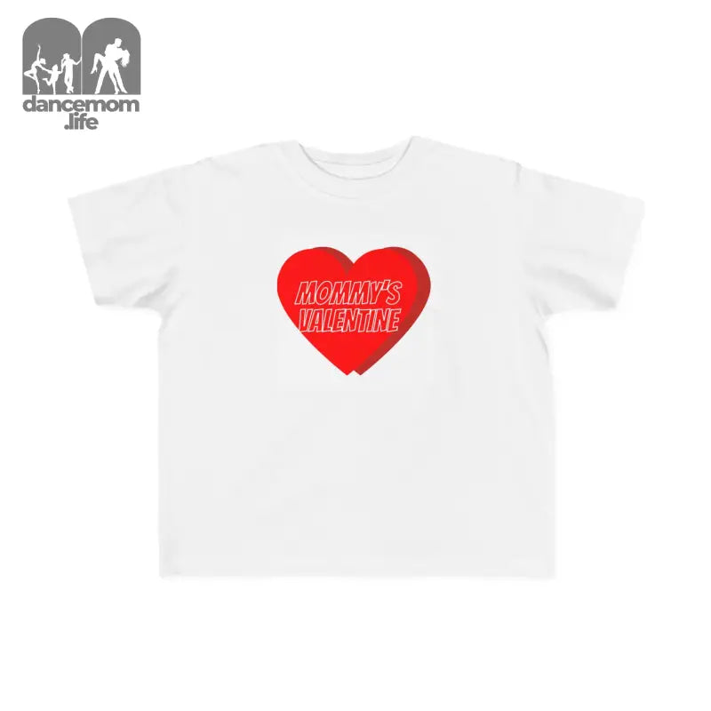 White t-shirt with a red heart design containing text.