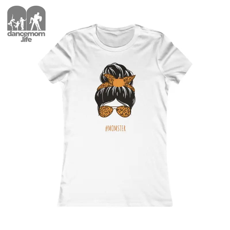 White t-shirt featuring a messy bun hairstyle graphic with orange bandana and sunglasses design.