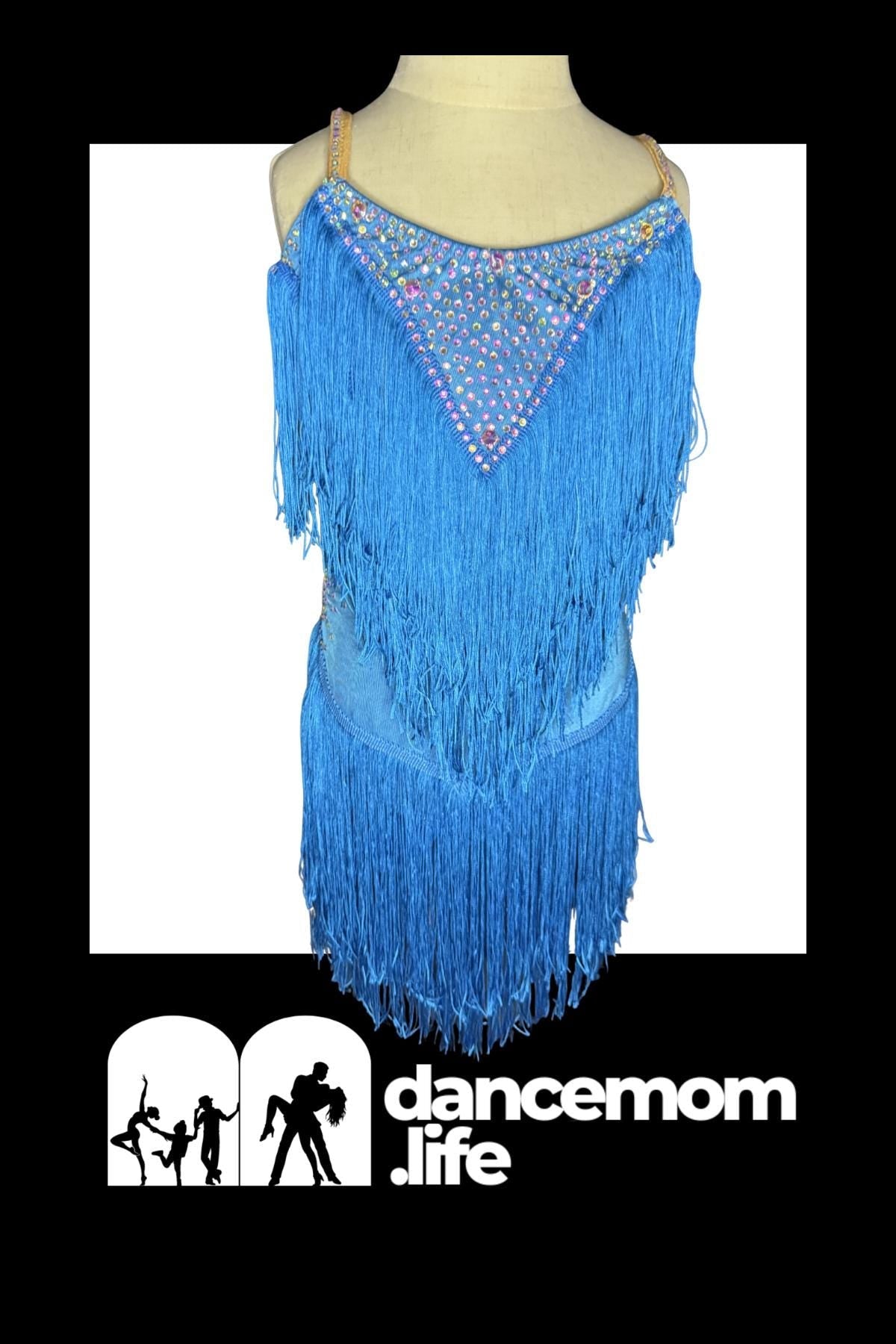 Multi-Tier Fringe Dress Dance Costume | Rhinestone Bodice | Girls Size 10 | Latin Jazz Performance - "Ocean Fringe"