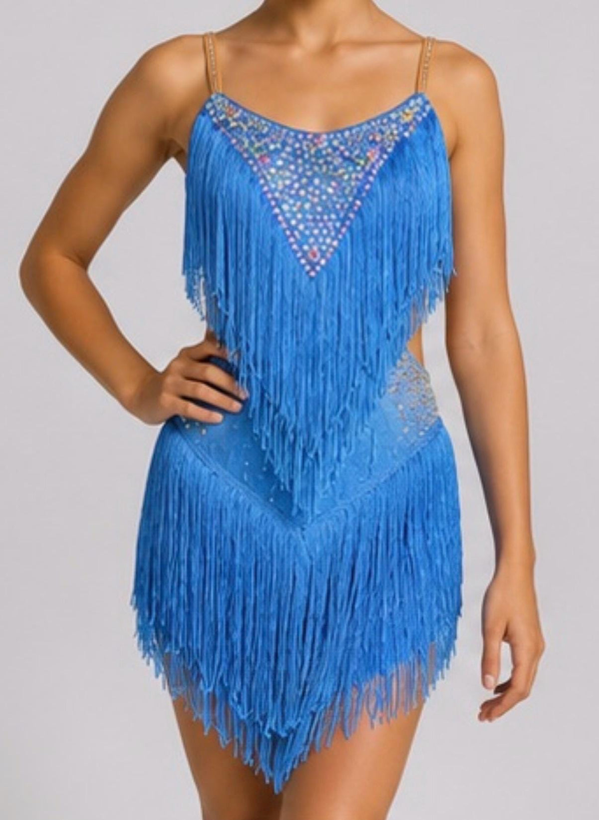 Multi-Tier Fringe Dress Dance Costume | Rhinestone Bodice | Girls Size 10 | Latin Jazz Performance - "Ocean Fringe"