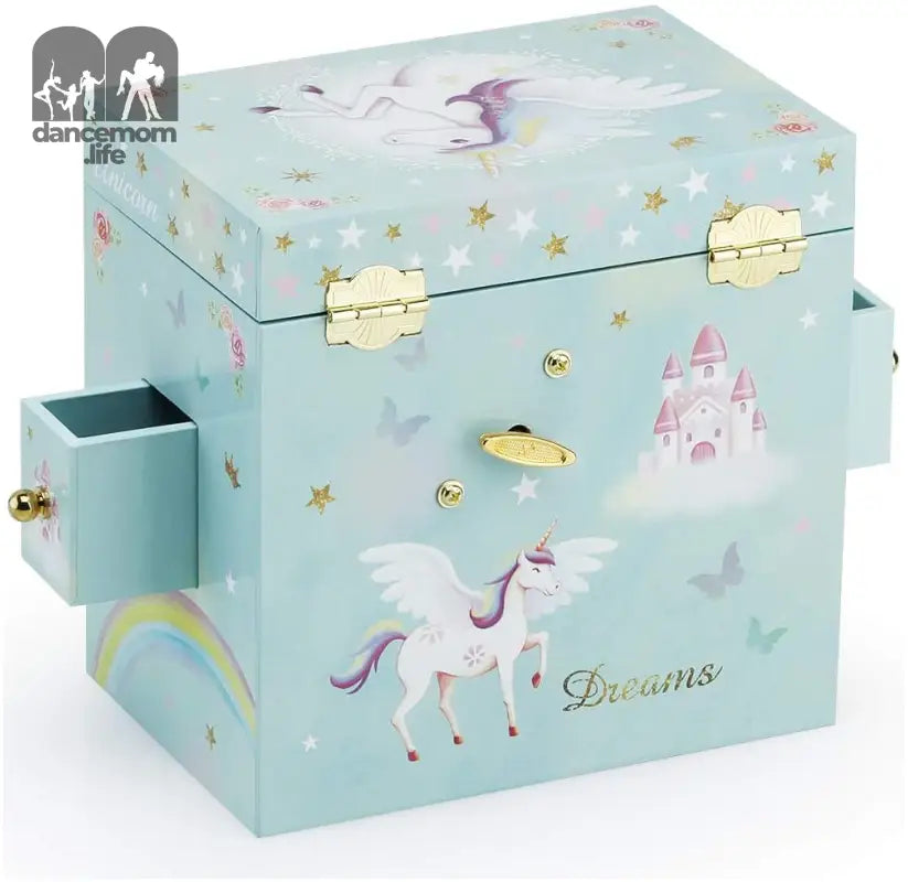 Musical Jewelry Box for Little Girls with 3 Drawers and Jewelry Set with Spinning Unicorn and Rainbow Butterfly Design - Blue Danube Tune Blue