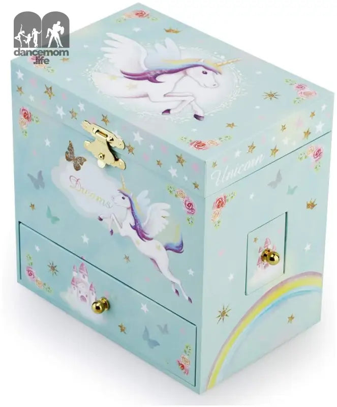 Musical Jewelry Box for Little Girls with 3 Drawers and Jewelry Set with Spinning Unicorn and Rainbow Butterfly Design - Blue Danube Tune Blue