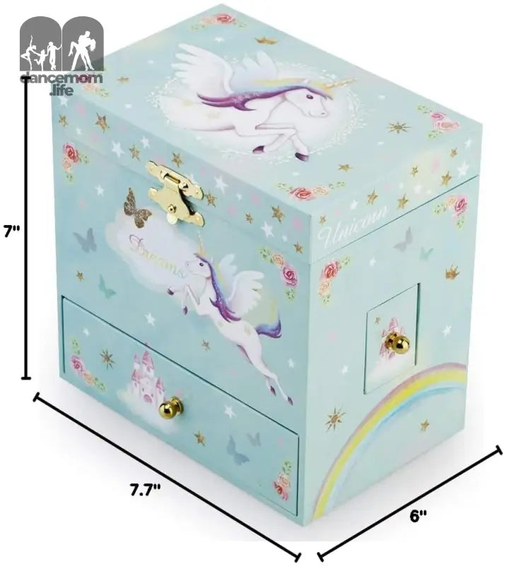 Musical Jewelry Box for Little Girls with 3 Drawers and Jewelry Set with Spinning Unicorn and Rainbow Butterfly Design - Blue Danube Tune Blue