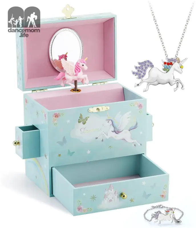 Musical Jewelry Box for Little Girls with 3 Drawers and Jewelry Set with Spinning Unicorn and Rainbow Butterfly Design - Blue Danube Tune Blue