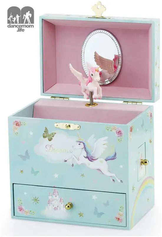 Musical Jewelry Box for Little Girls with 3 Drawers and Jewelry Set with Spinning Unicorn and Rainbow Butterfly Design - Blue Danube Tune Blue