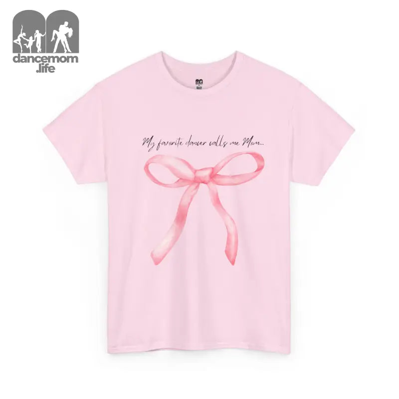 Pink t-shirt with a bow design and text printed on the front.