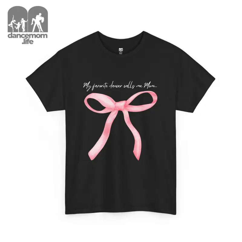 Black t-shirt with a pink bow graphic and text design.