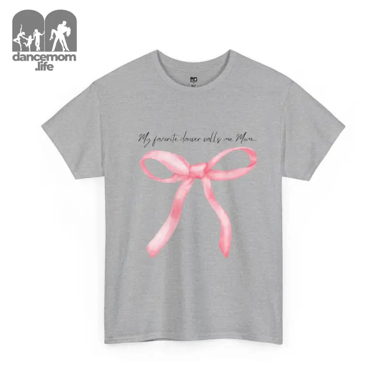 Grey t-shirt with a pink bow design and text printed on it.