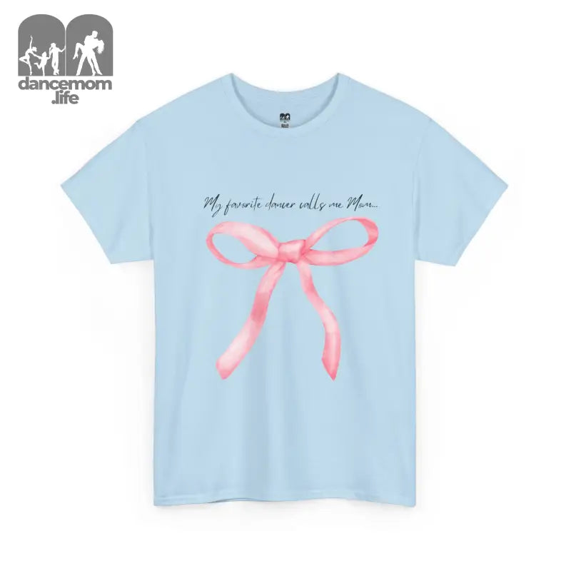 Light blue t-shirt with a pink ribbon bow graphic and text design.