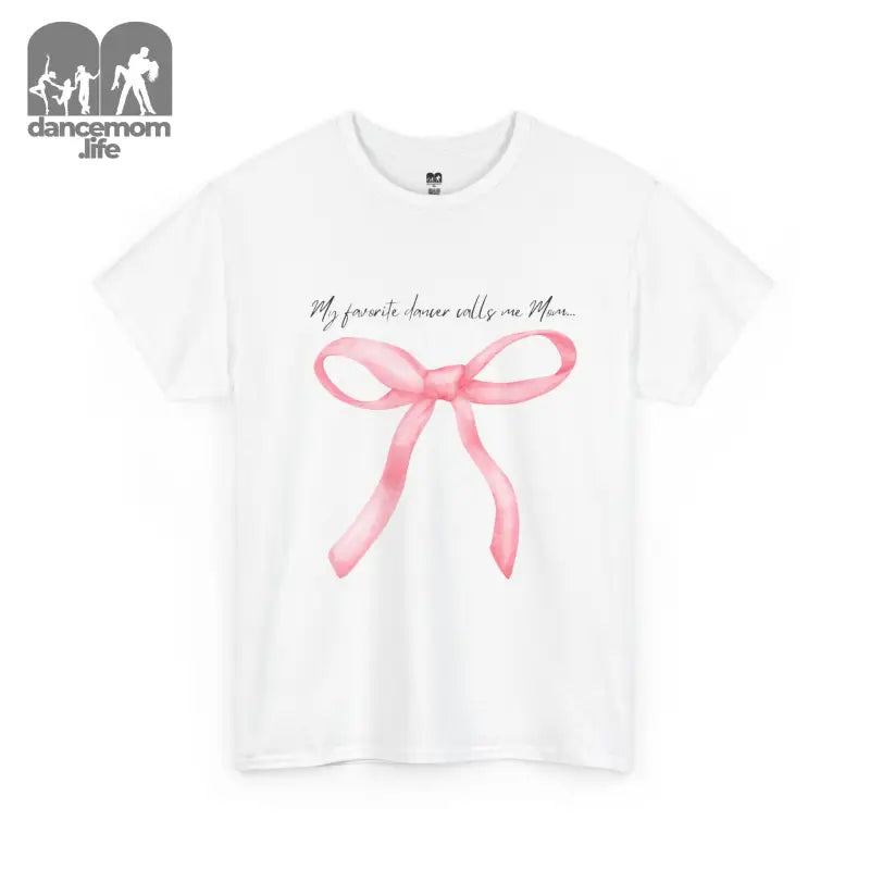 White t-shirt with a pink bow design and text printed on it.