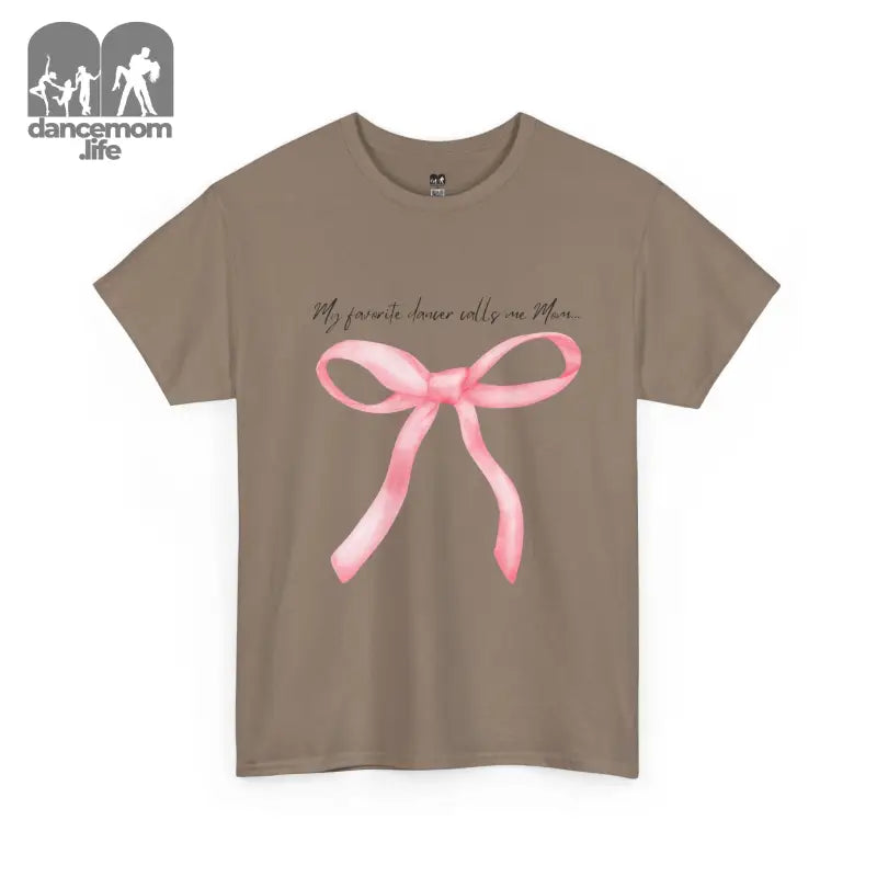 Taupe t-shirt with a pink bow graphic and text design.