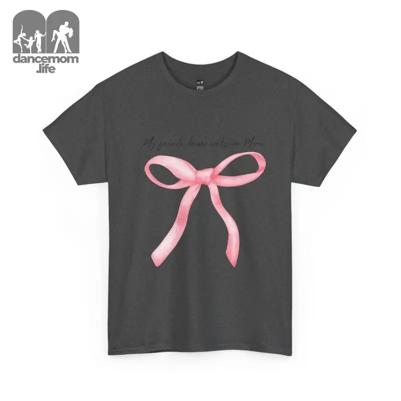 Dark gray t-shirt with a pink bow design printed on the front.