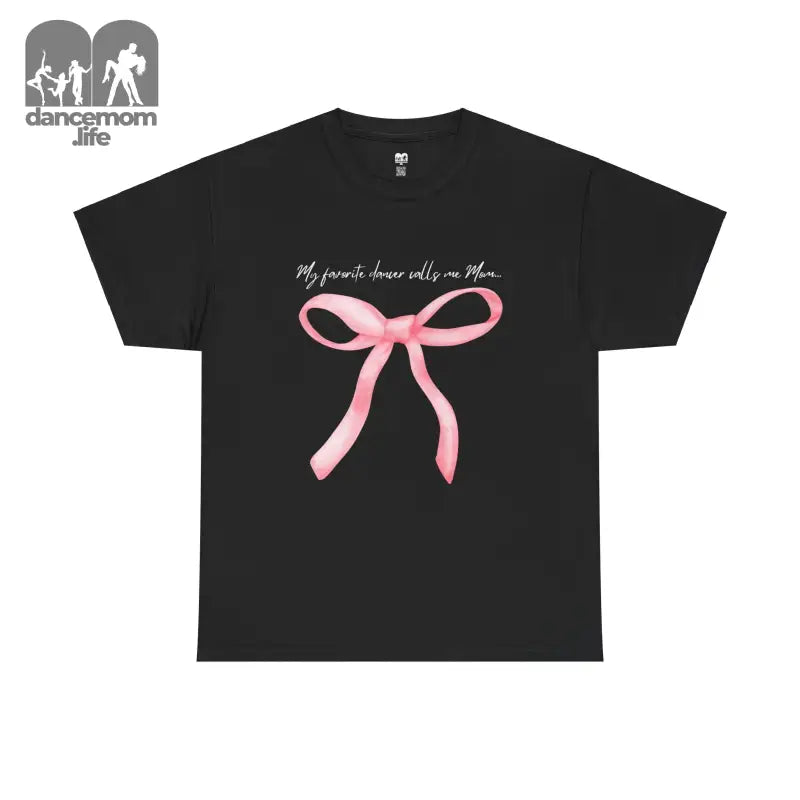 Black t-shirt featuring a pink bow design and text.