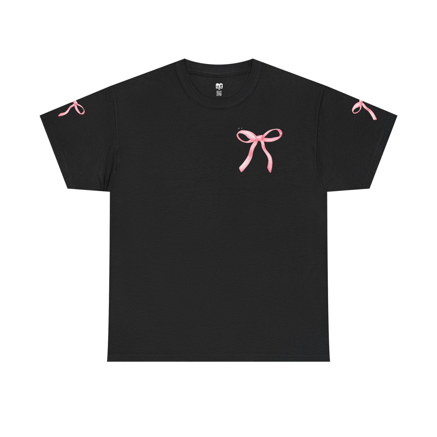 Black short-sleeved t-shirt featuring delicate pink ribbon bow prints on the chest and each sleeve.