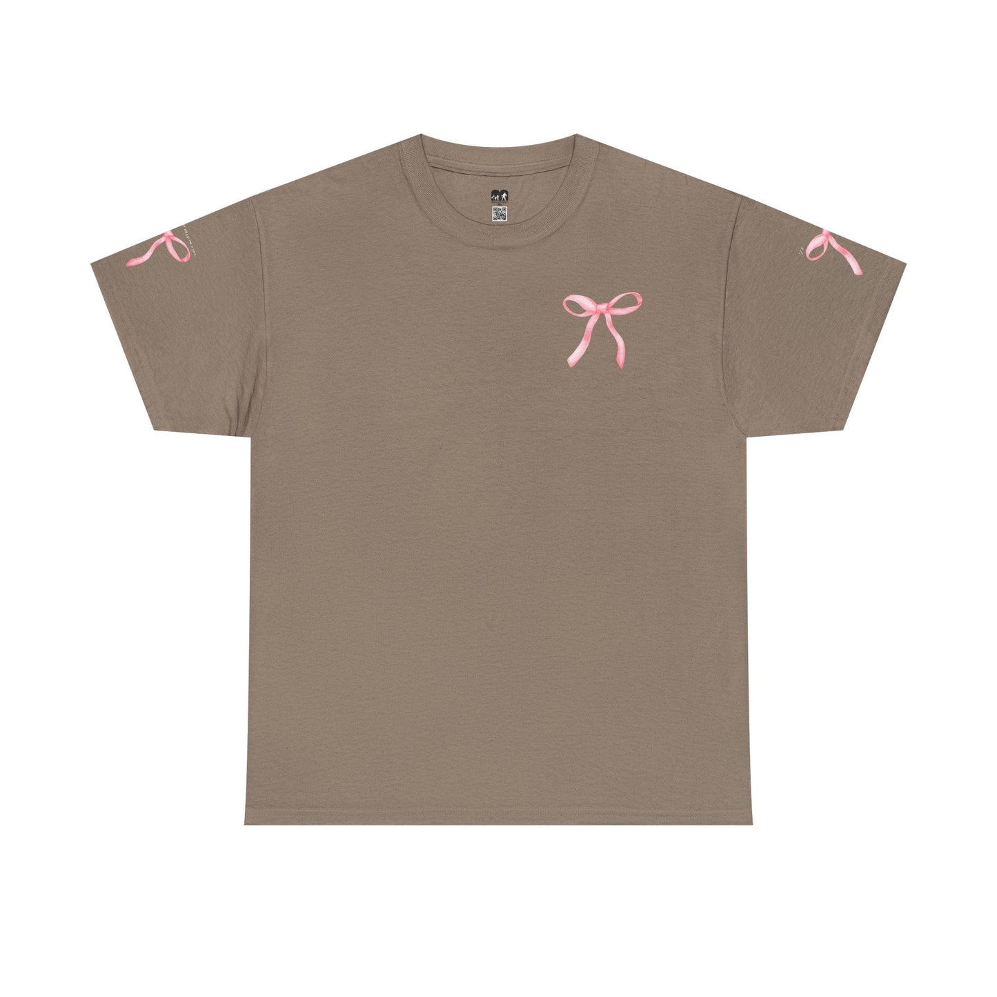 A taupe short-sleeved t-shirt featuring delicate pink ribbon embroidery on the chest and sleeves.