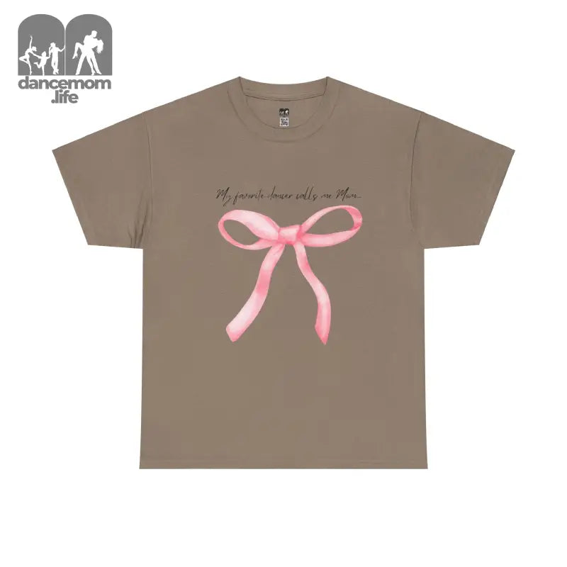 Brown t-shirt featuring a pink bow design and text.