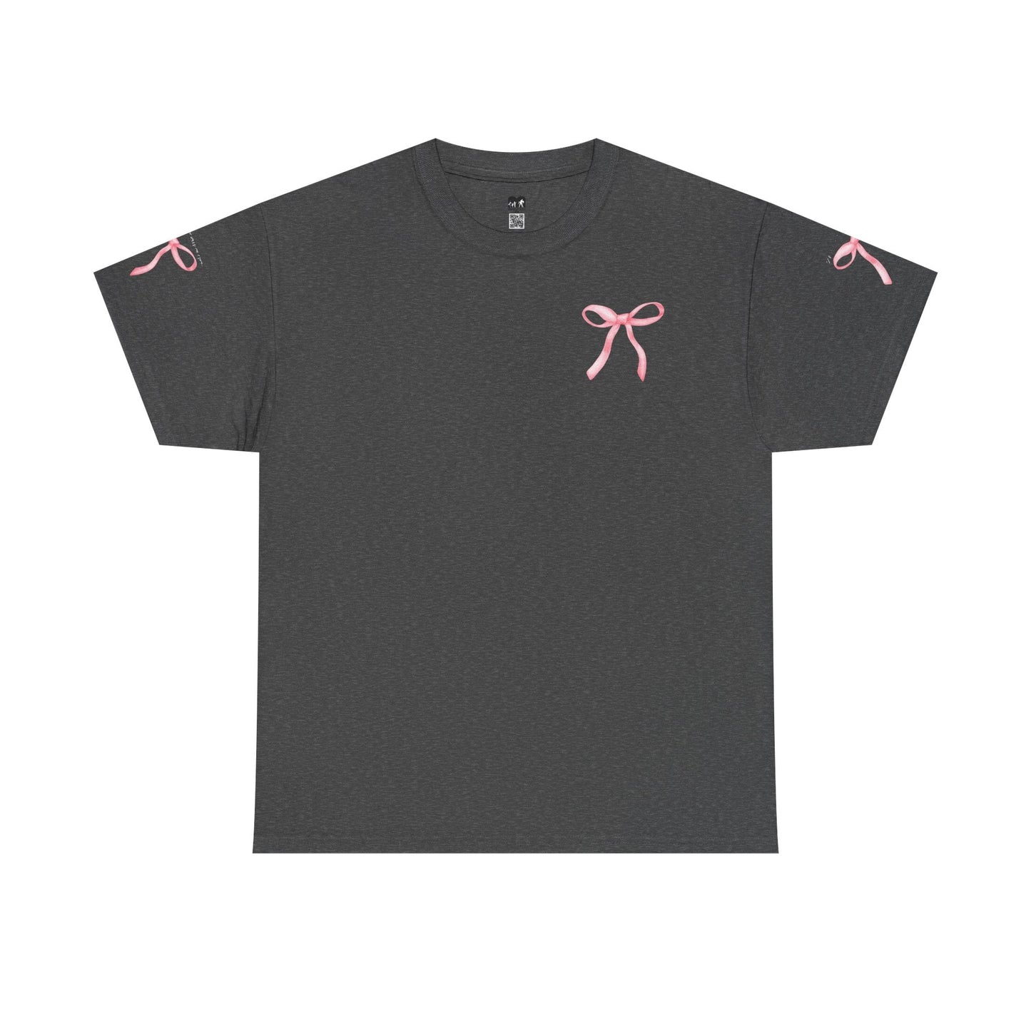Dark gray short-sleeved t-shirt featuring delicate pink ribbon embroidery on the chest and each sleeve.