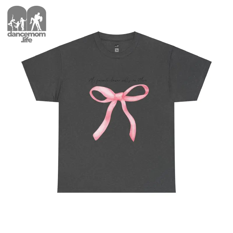 Dark gray t-shirt with a pink bow design on the front.