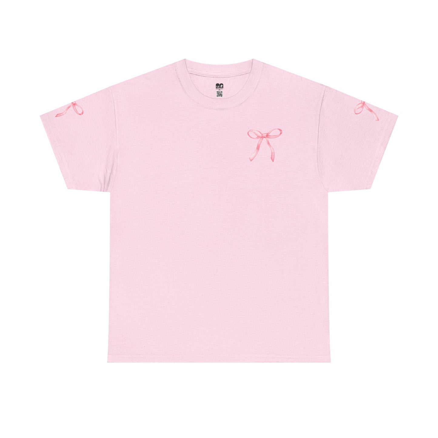 A soft pink short-sleeved t-shirt featuring delicate embroidered bows in a matching shade on the chest and each sleeve.