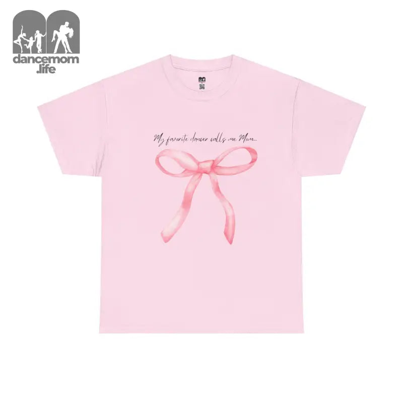 Pink t-shirt with a watercolor-style bow ribbon design and text.