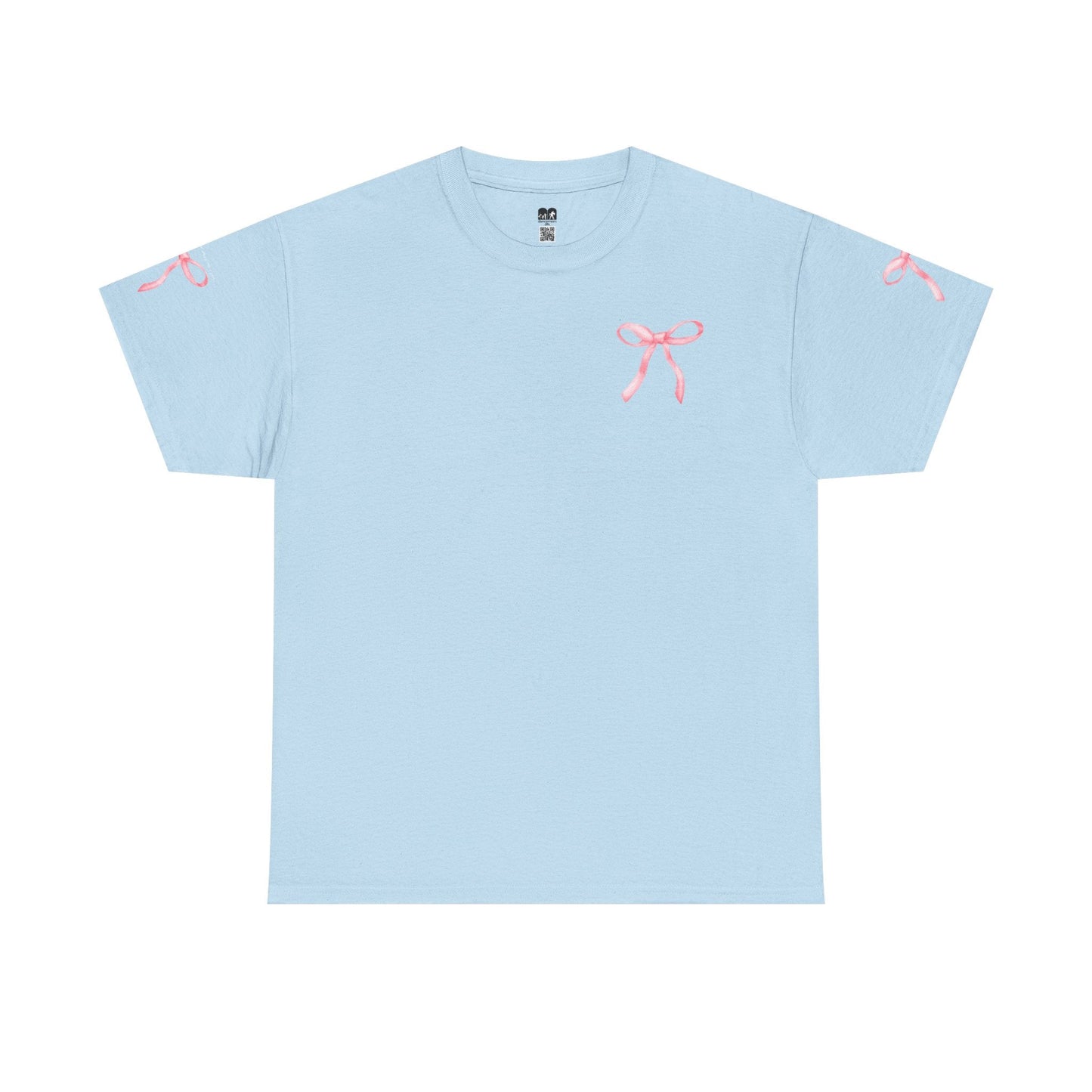 Light blue short-sleeved t-shirt with delicate pink ribbon embroidery on the chest and sleeves.