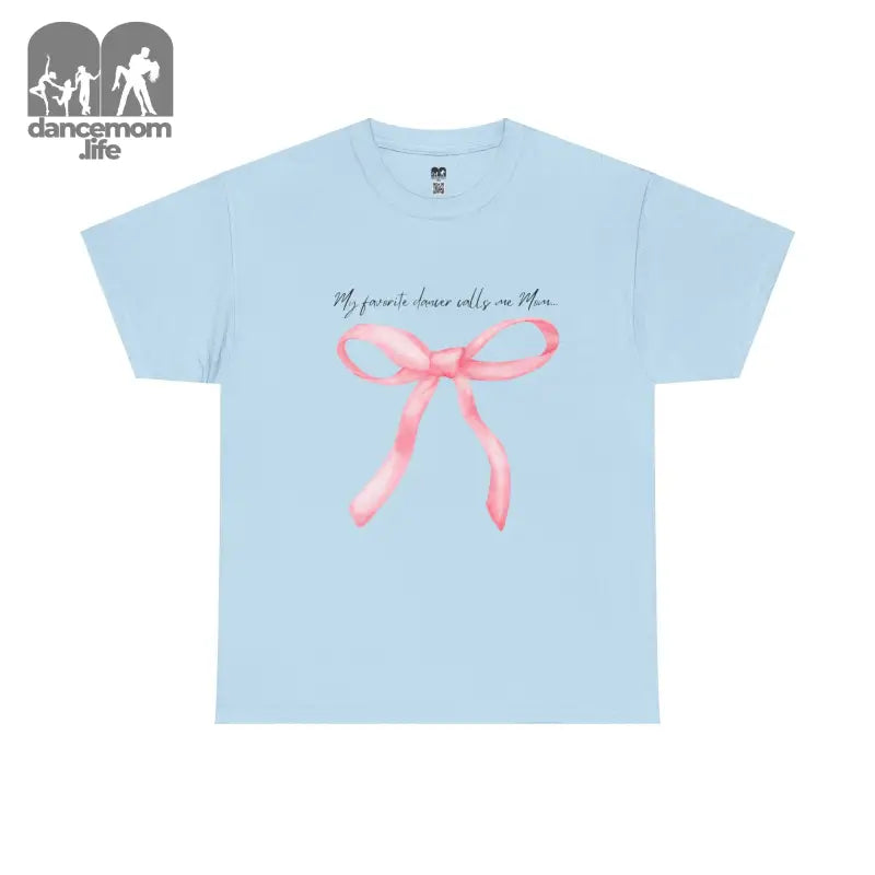 Light blue t-shirt with a pink bow design and text printed on the front.