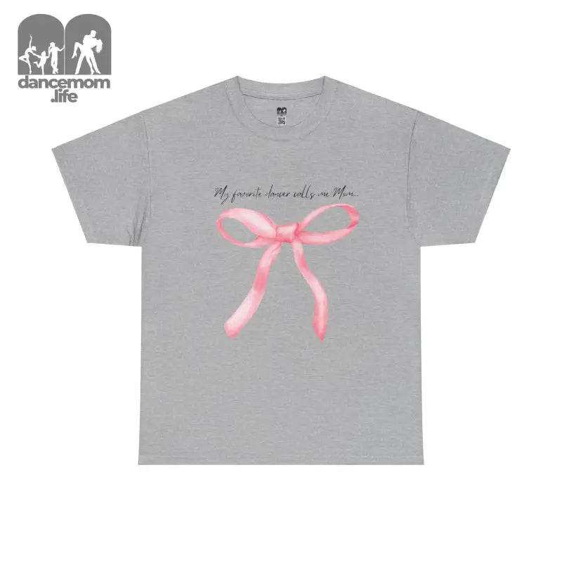 Grey t-shirt featuring a pink bow design and text.