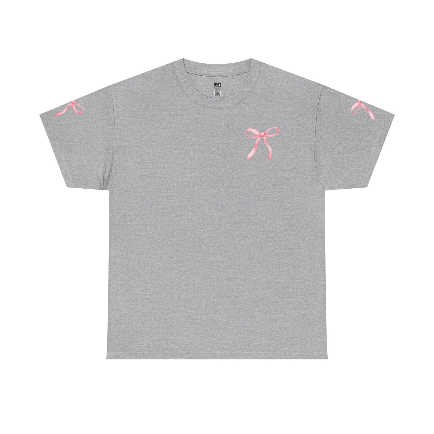 Gray heathered cotton t-shirt featuring delicate pink ribbon graphics on the chest and sleeves.