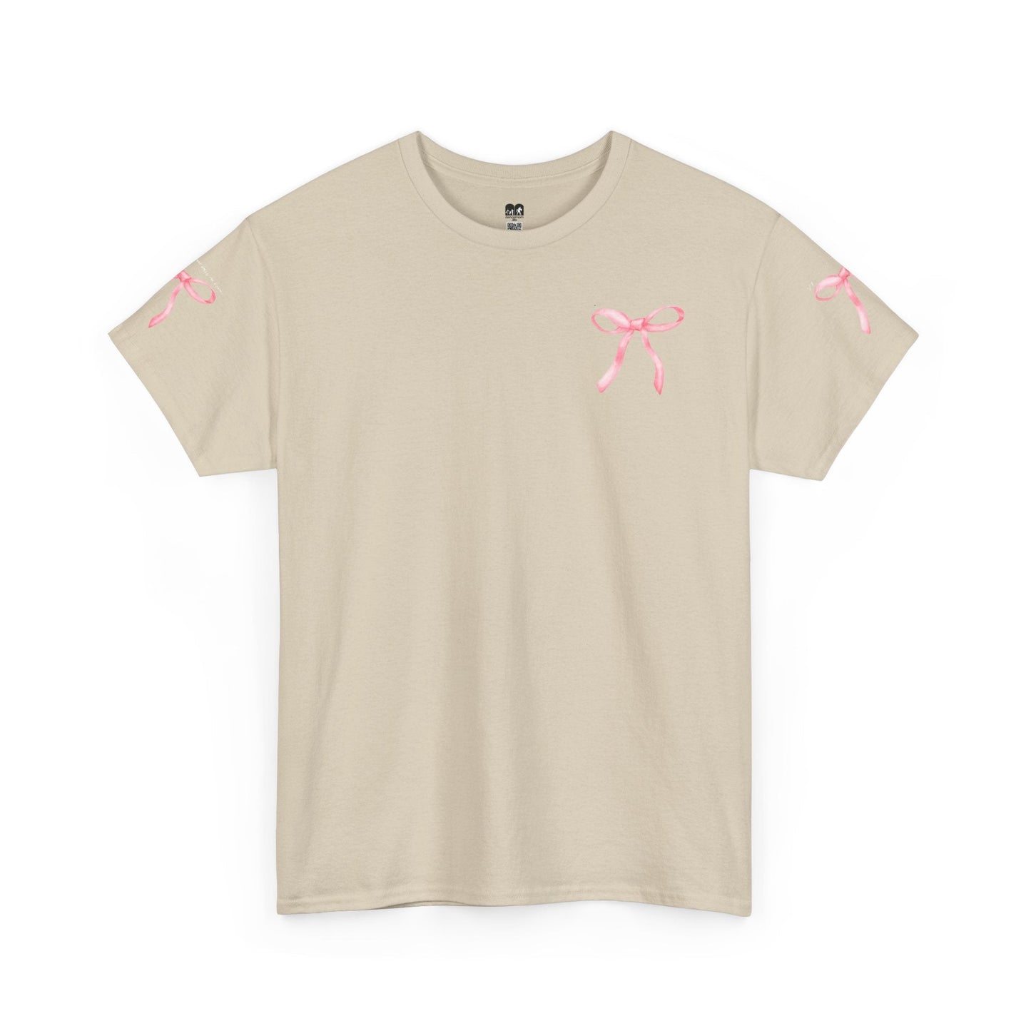 Beige short-sleeved t-shirt featuring delicate pink ribbon graphics on the chest and sleeves.