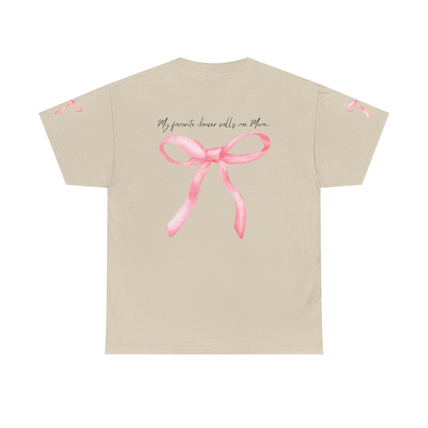 Beige short-sleeved t-shirt featuring a watercolor-style pink bow graphic on the back with matching small bows on each sleeve.