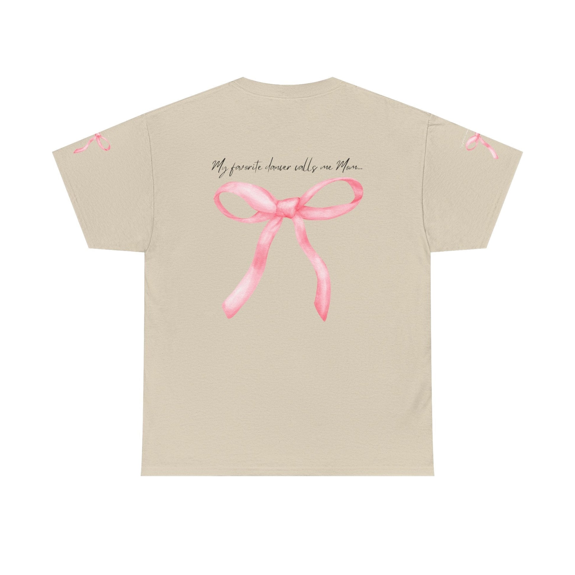 Beige short-sleeved t-shirt featuring a watercolor-style pink bow graphic on the back with matching small bows on each sleeve.