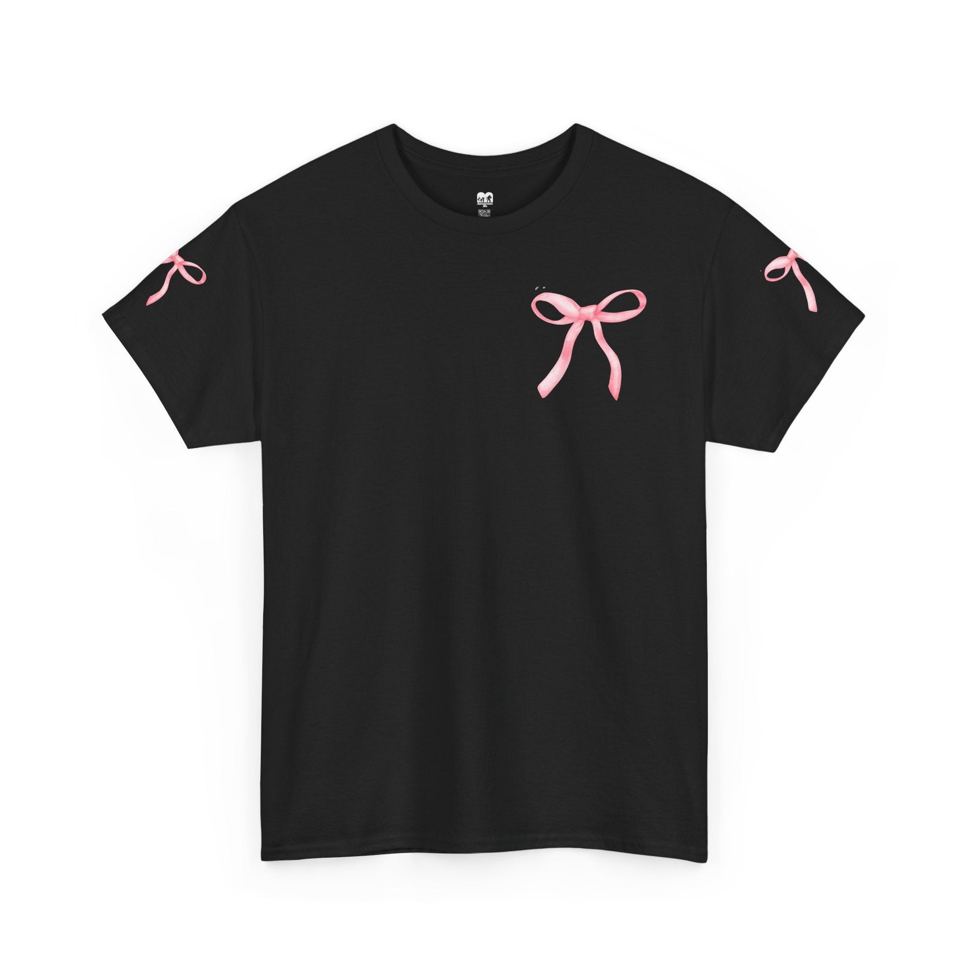 Black short-sleeved t-shirt featuring delicate pink ribbon bow graphics on the chest and each sleeve.