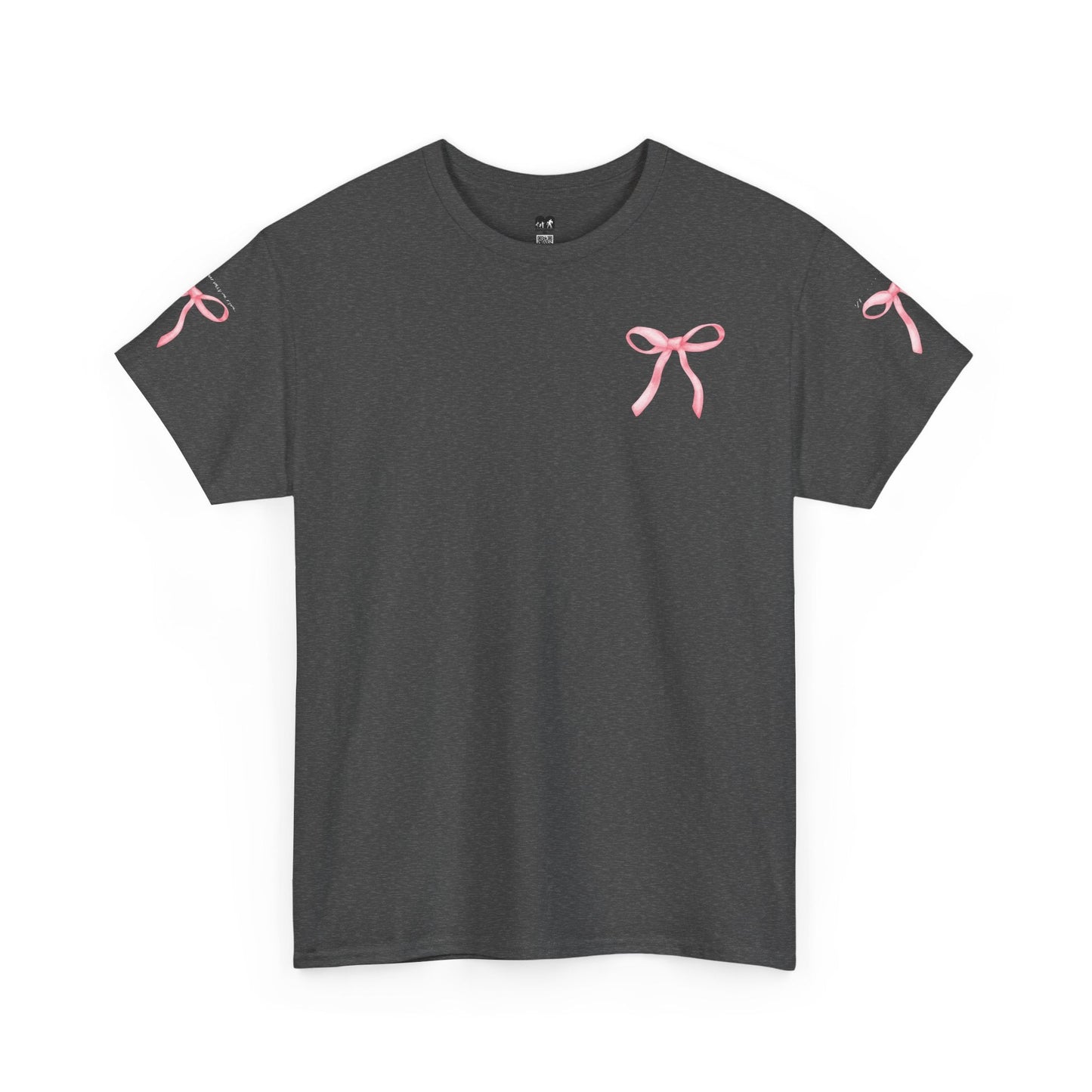 Dark gray short-sleeved t-shirt featuring delicate pink ribbon bow prints on the chest and both sleeves.