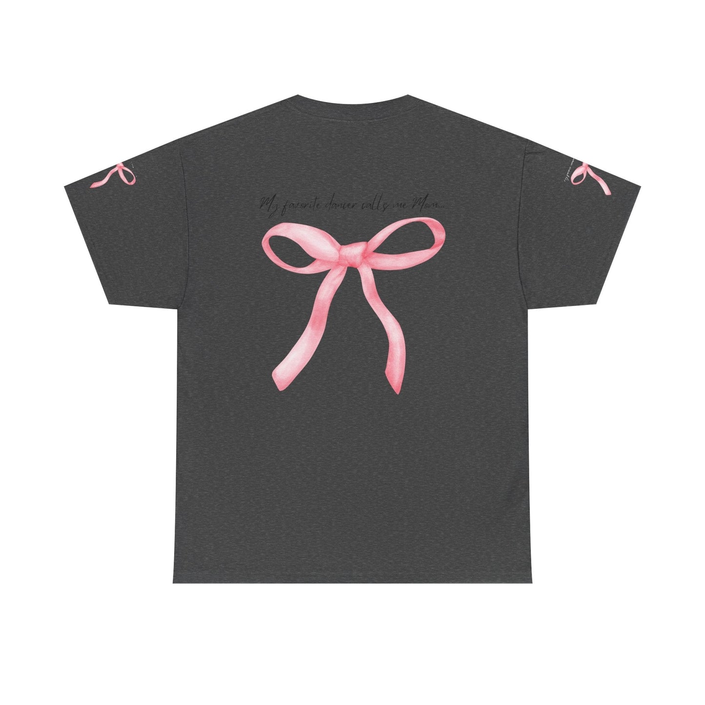Dark gray short-sleeved t-shirt featuring a watercolor-style pink bow graphic on the back and matching small bows on each sleeve.