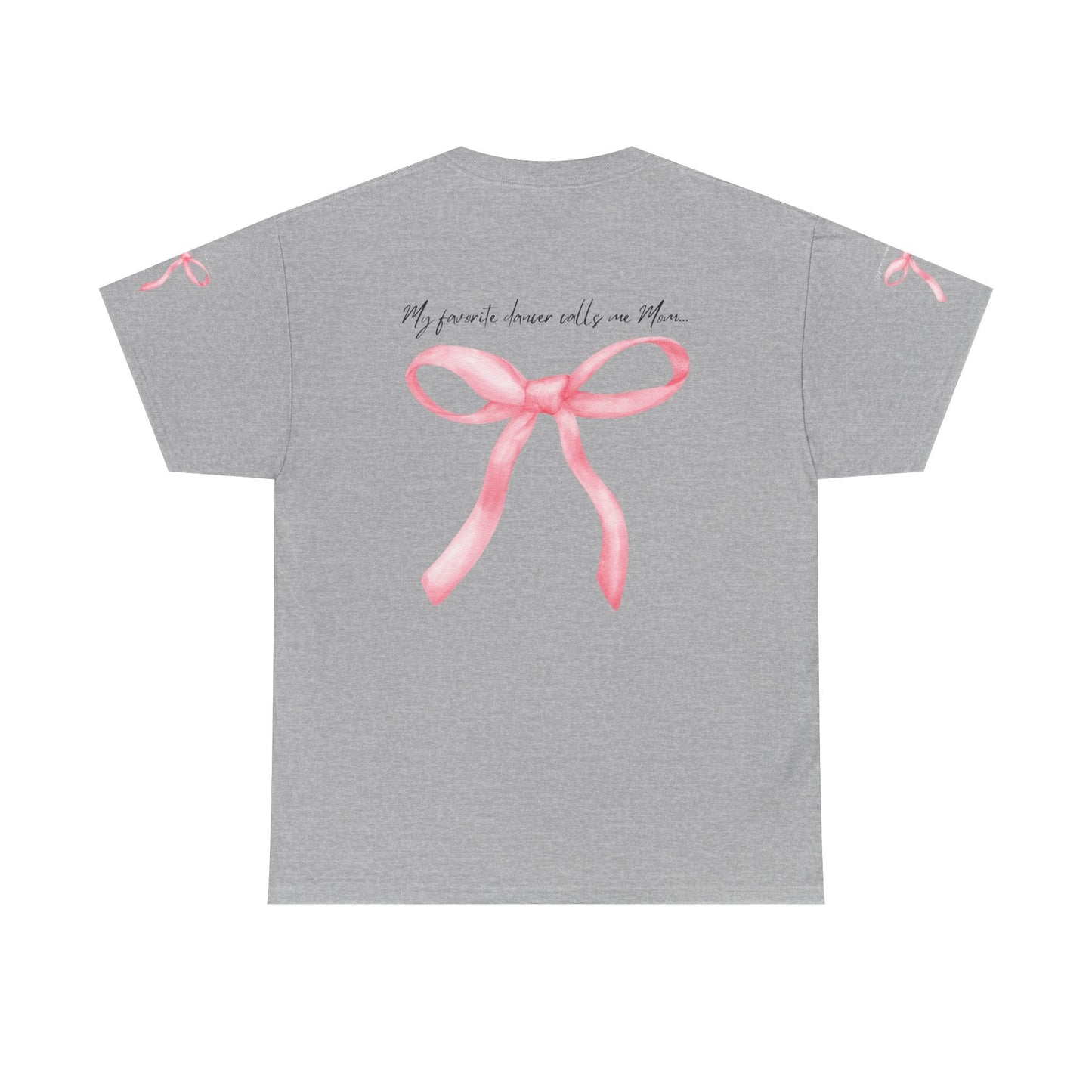 Gray heathered t-shirt featuring a watercolor-style pink ribbon bow centered on the back, with matching small bows printed near each sleeve cuff and scripted text above.