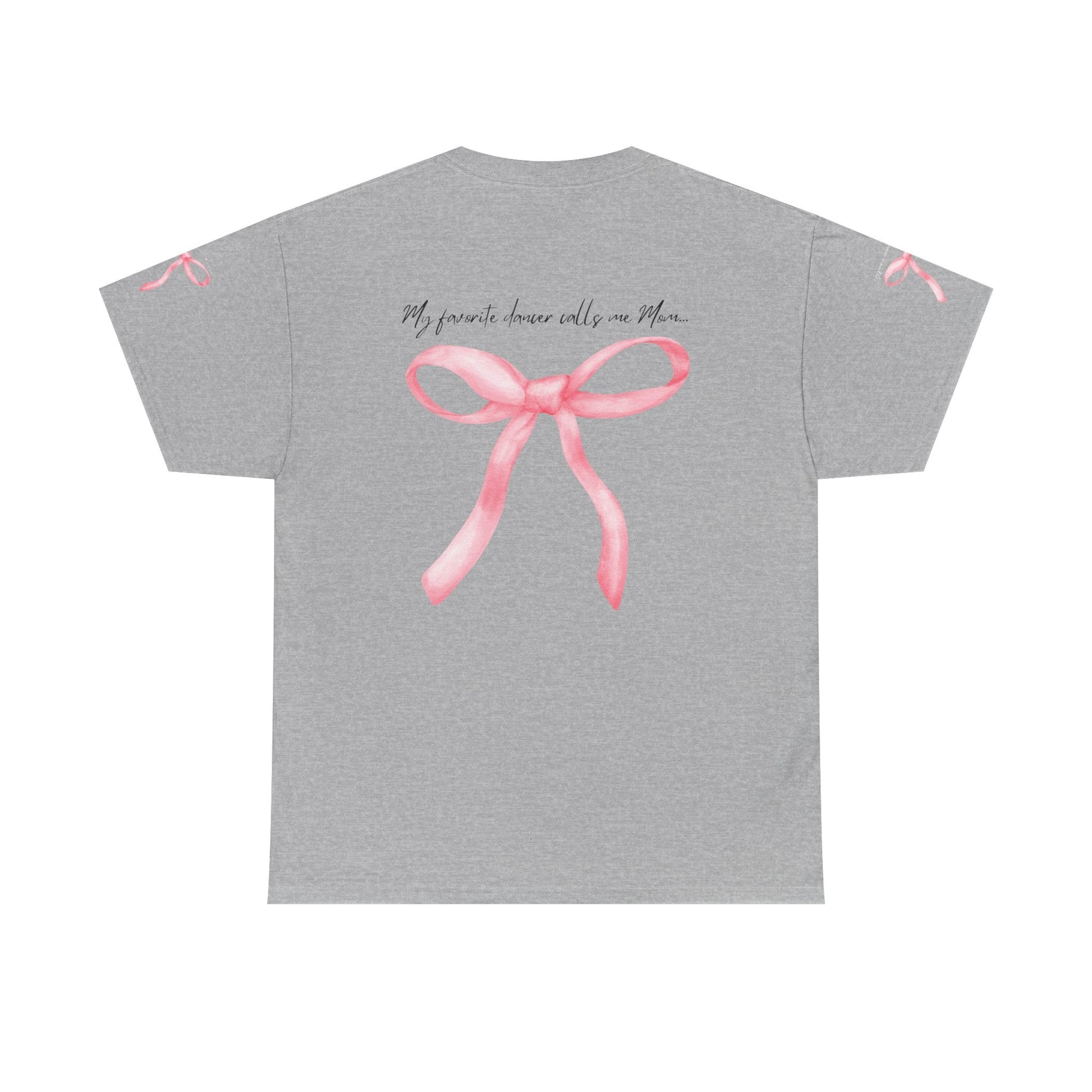 Gray heathered t-shirt featuring a watercolor-style pink ribbon bow centered on the back, with matching small bows printed near each sleeve cuff and scripted text above.